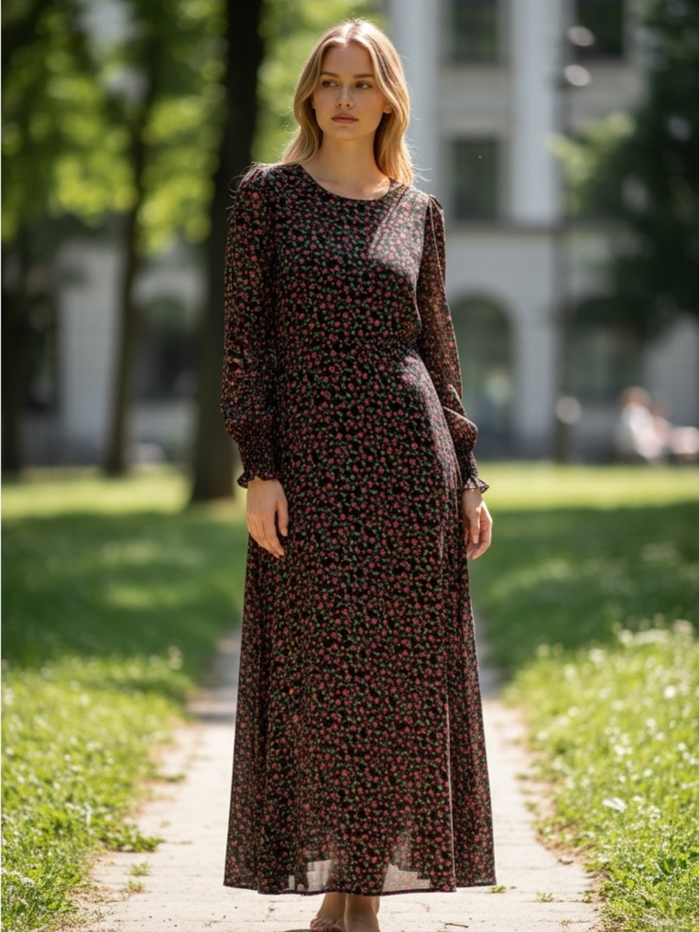 DownEast Black Maxi Dress with Red Floral Print